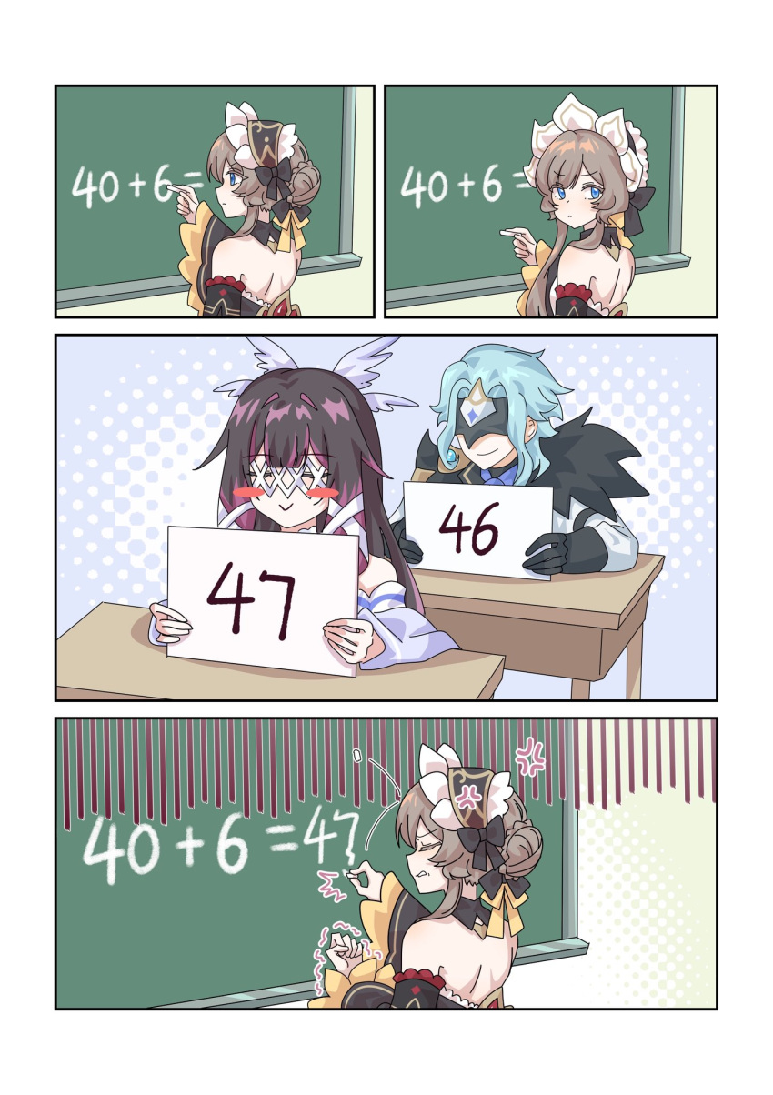 2girls, black_hair, blonde_hair, blue_eyes, closed_eyes, columbina_(genshin_impact), commentary_request, dottore_(genshin_impact)