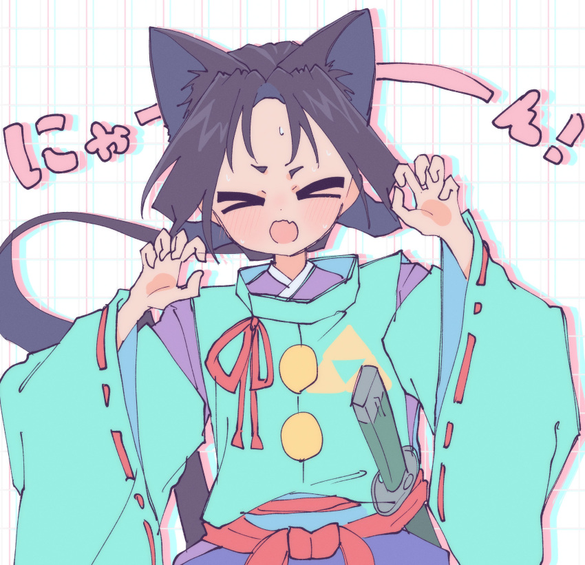 >_<, 1boy, :o, absurdres, animal_ears, aqua_kimono, black_hair, blush
