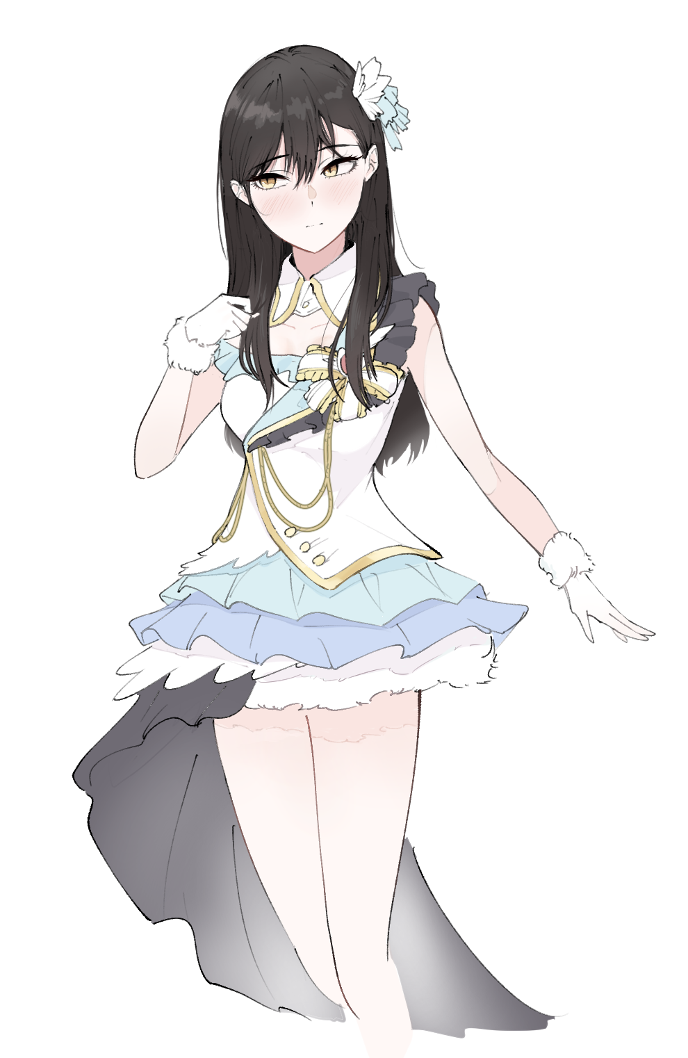1girl, asymmetrical_clothes, bad_source, bare_legs, beyond_the_bluesky_(idolmaster), black_hair, blush, commentary_request
