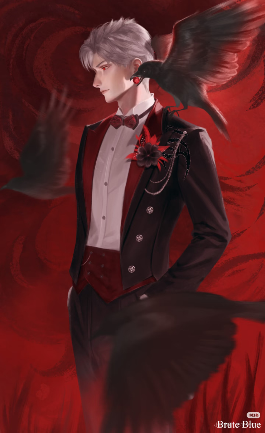 1boy, black_pants, black_suit, bow, bowtie, bruteblue099, closed_mouth, collar