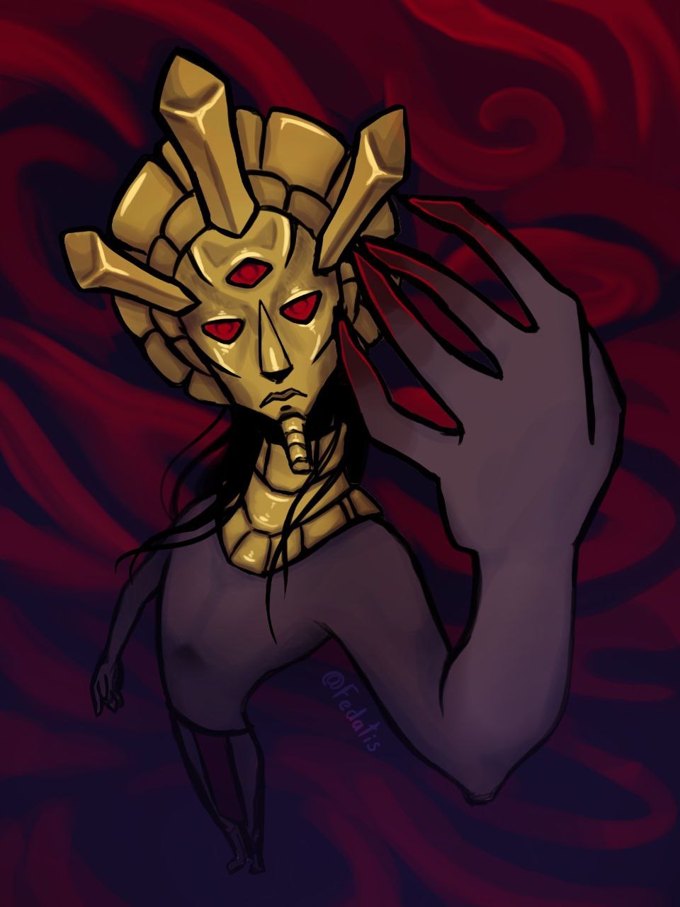 1boy, black_hair, claws, colored_sclera, colored_skin, commentary, dagoth_ur, dagoth_ur's_mask