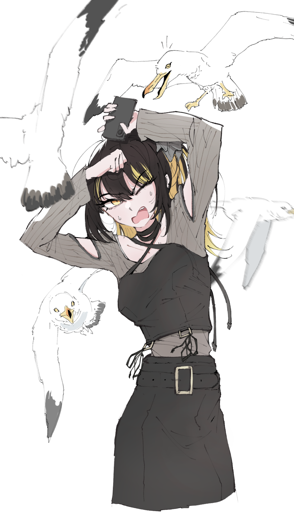 1girl, ;o, arm_cutout, arms_up, bird, black_hair, black_skirt, blonde_hair, cellphone, clothing_cutout, collarbone, commentary_request, covering_head, cropped_legs, grey_shirt, highres, holding, holding_phone, idolmaster, idolmaster_shiny_colors, ikaruga_luca, korean_commentary, official_alternate_costume, one_eye_closed, phone, rip_van_winkle_(chlwhdgk3), seagull, shirt, simple_background, skirt, smartphone, solo, sweatdrop, v-shaped_eyebrows, white_background
