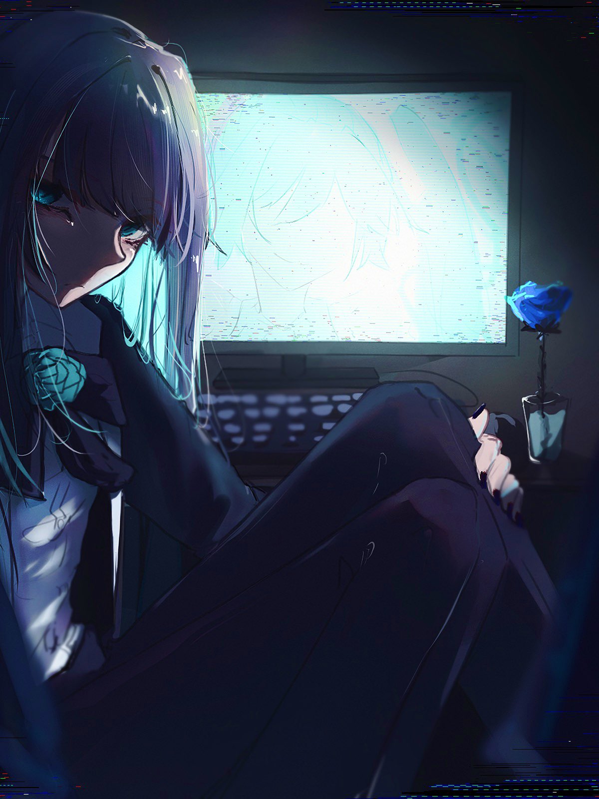 1girl, ado_(utaite), black_bow, black_bowtie, black_nails, black_pants, blue_eyes, blue_flower