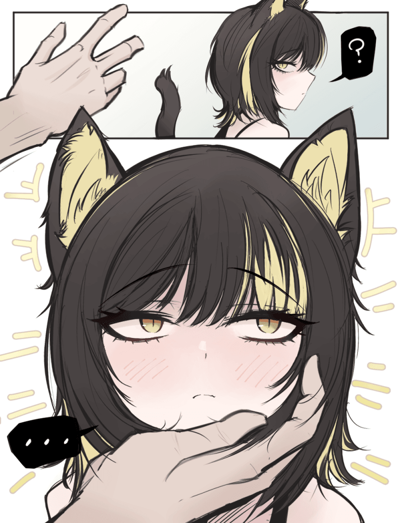 ..., 1boy, 1girl, ?, animal_ear_fluff, animal_ears, averting_eyes, black_hair, blonde_hair, blush, cat_ears, cat_tail, commentary_request, idolmaster, idolmaster_shiny_colors, ikaruga_luca, kemonomimi_mode, korean_commentary, multicolored_hair, rip_van_winkle_(chlwhdgk3), spoken_ellipsis, spoken_question_mark, streaked_hair, tail, two-tone_hair, yellow_eyes
