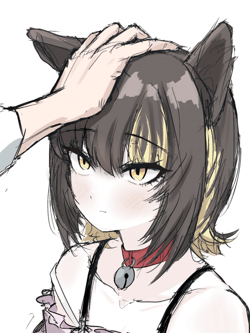 1boy, 1girl, animal_collar, animal_ears, bell, black_hair, blonde_hair, blush, cat_ears, collar, collarbone, commentary_request, hand_on_another's_head, idolmaster, idolmaster_shiny_colors, ikaruga_luca, kemonomimi_mode, korean_commentary, looking_at_another, multicolored_hair, neck_bell, rip_van_winkle_(chlwhdgk3), simple_background, streaked_hair, two-tone_hair, upper_body, white_background, yellow_eyes
