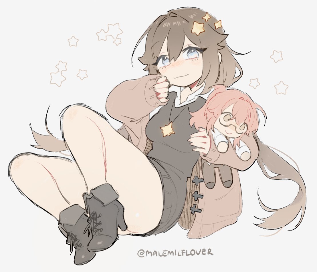 1girl, boots, collared_shirt, commentary, degrees_of_lewdity, full_body, grey_sweater_vest, hair_ornament