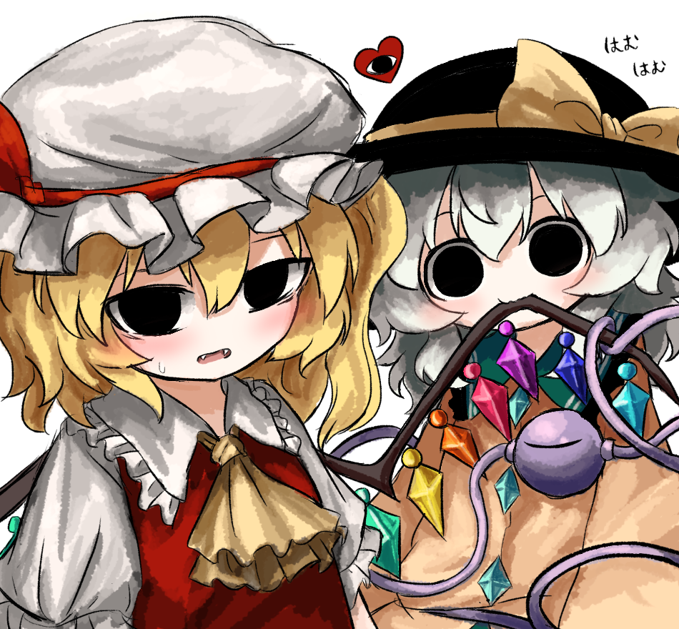 2girls, annoyed, ascot, biting_another, black_eyes, black_hat, blonde_hair, blush