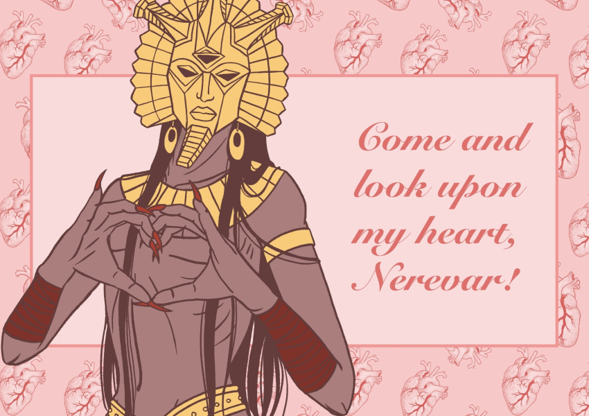 1boy, black_hair, caz-the-yarncromancer, claws, colored_skin, commentary, dagoth_ur, dagoth_ur's_mask, dunmer, english_commentary, english_text, gold_necklace, grey_skin, heart, heart_(organ), heart_hands, highres, jewelry, long_hair, looking_at_viewer, male_focus, mask, necklace, pink_background, red_background, red_claws, red_wrist_cuffs, the_elder_scrolls, the_elder_scrolls_iii:_morrowind, third_eye, topless_male, upper_body, wrist_cuffs