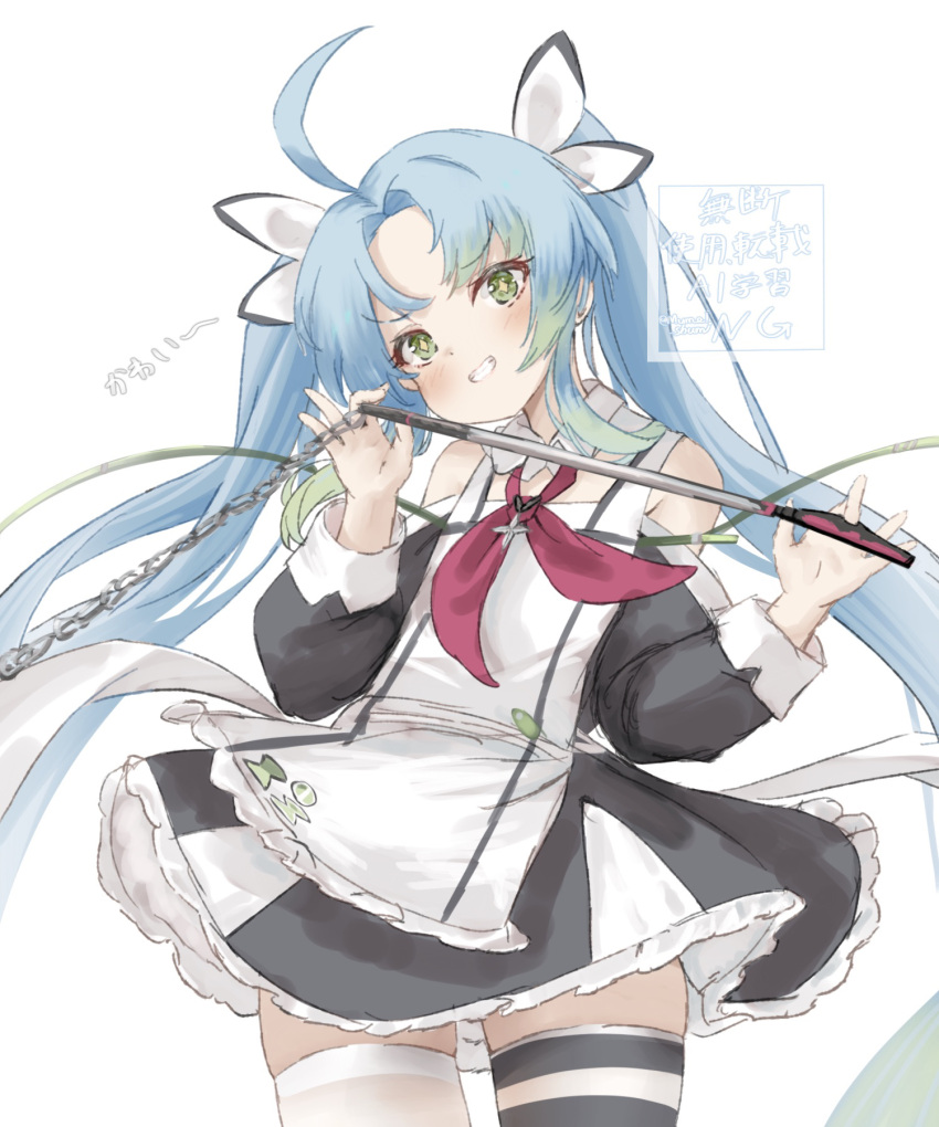 1girl, asymmetrical_legwear, azur_lane, blue_hair, blush, chain, commentary_request, detached_sleeves
