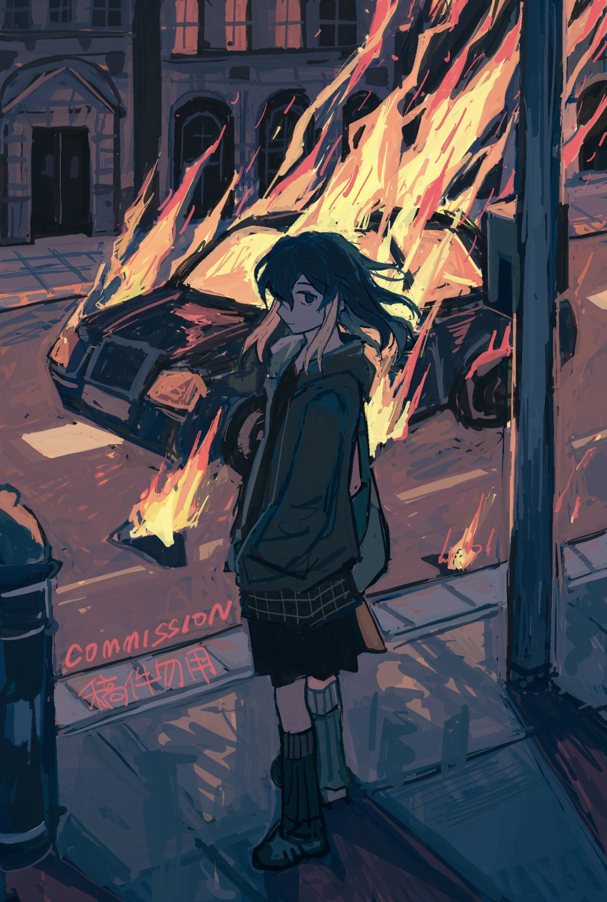 1girl, bag, burning, burning_vehicle, car, closed_mouth, commentary, commission, cyberseaurchin, english_commentary, expressionless, fire, hands_in_pockets, highres, jacket, looking_back, motor_vehicle, open_clothes, open_jacket, original, pleated_skirt, profile, road, sidewalk, sideways_glance, skirt, solo, standing, street, utility_pole