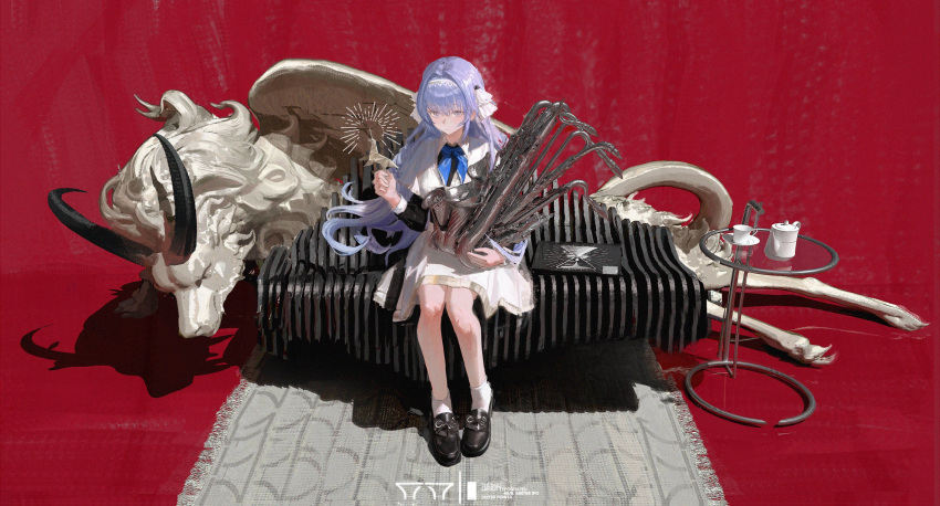 1girl, absurdres, afterforever, black_shoes, cup, dress, hair_intakes, hairband