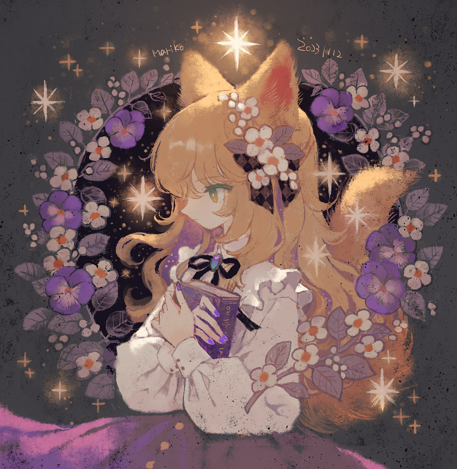 1girl, animal_ears, bad_id, bad_twitter_id, black_ribbon, blonde_hair, book, closed_mouth