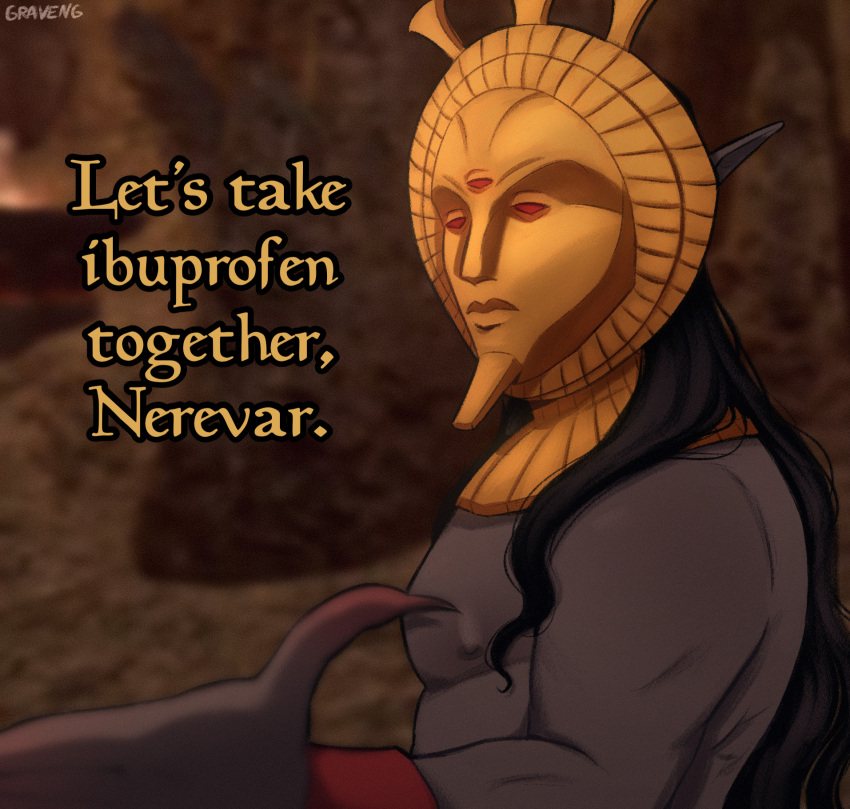 1boy, artist_name, black_hair, cave_interior, claws, colored_sclera, colored_skin, commentary, dagoth_ur, dagoth_ur's_mask, dunmer, english_commentary, english_text, gold_necklace, grave-ng, grey_skin, highres, jewelry, let's_take_ibuprofen_together_(meme), long_hair, male_focus, mask, meme, necklace, red_eyes, red_sclera, red_wrist_cuffs, the_elder_scrolls, the_elder_scrolls_iii:_morrowind, third_eye, topless_male, wrist_cuffs