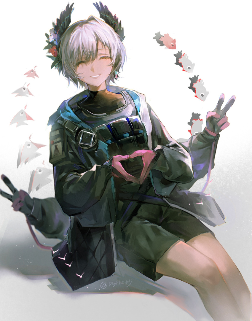 1girl, ^_^, arknights, arm_pouch, artist_name, bird_girl, black_shorts, closed_eyes