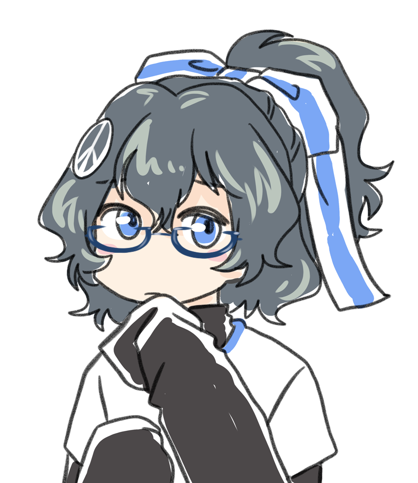 1girl, black_hair, black_shirt, blue-framed_eyewear, blue_eyes, blush, flag_ribbon, glasses