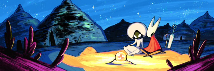 2girls, absurdres, ange_(angeban93), arthropod_girl, black_skin, campfire, cloak, colored_skin