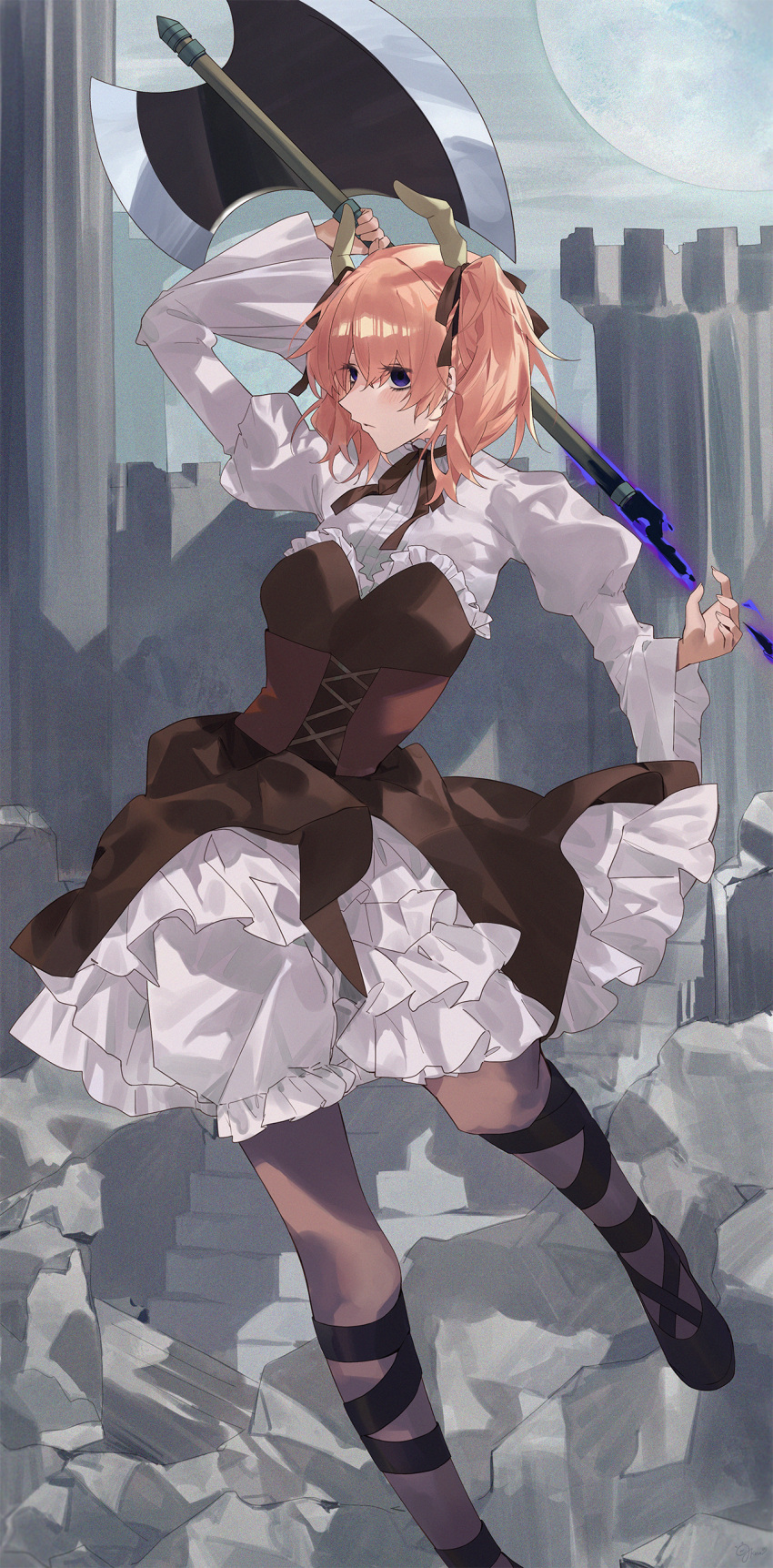 1girl, absurdres, axe, black_ribbon, bloomers, blue_eyes, breasts, corset