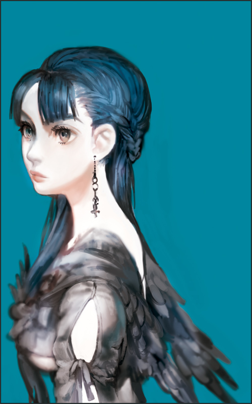 blue_hair, braid, copyright_request, earrings, grey_eyes, jewelry, long_hair, solo