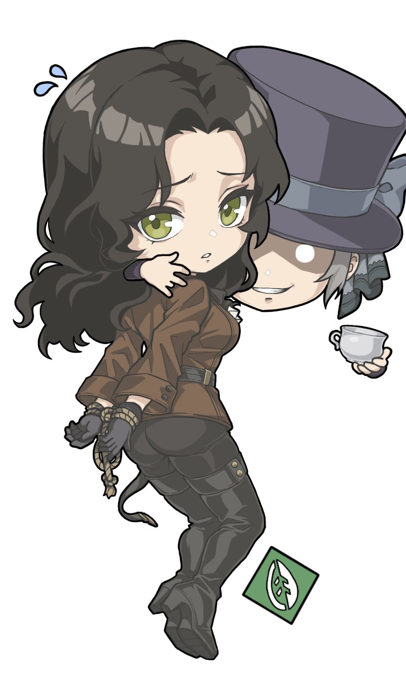 2girls, arm_around_neck, black_boots, black_gloves, black_hair, black_hat, black_pants, blue_bow
