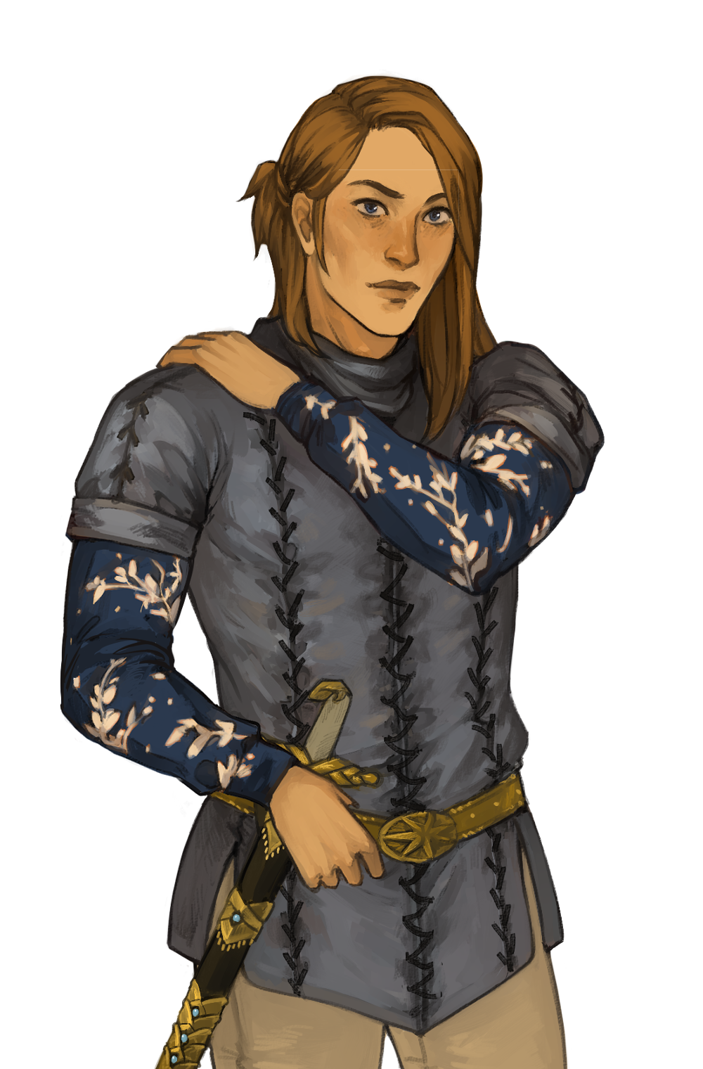 1boy, armor, arrapso, belt, bemelle, blue_eyes, brown_hair, cowboy_shot