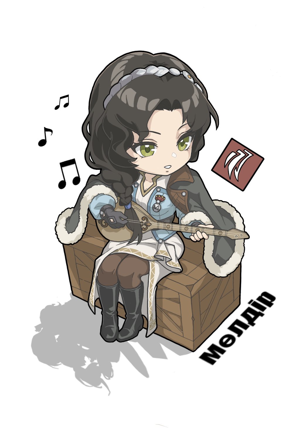 1girl, beamed_eighth_notes, black_boots, black_cape, black_gloves, black_hair, blue_shirt, boots