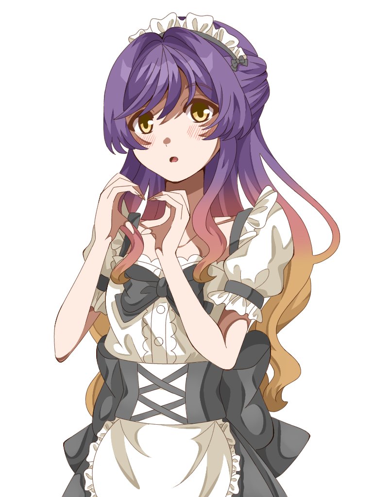 1girl, :o, alternate_costume, apron, back_bow, bad_id, bad_twitter_id, black_bow, black_dress, blonde_hair, blush, bow, chest_bow, collarbone, dress, enmaided, frilled_apron, frills, gradient_hair, hair_between_eyes, hands_up, heart, heart_hands, hijiri_byakuren, kanzaki_tsuki, long_hair, looking_at_viewer, maid, maid_headdress, multicolored_hair, open_mouth, purple_hair, short_sleeves, simple_background, solo, swept_bangs, touhou, two-tone_dress, upper_body, waist_apron, wavy_hair, white_apron, white_background, white_dress, yellow_eyes