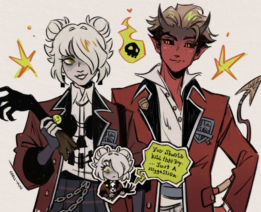 1girl, apollo_(deadlock), black_hair, blazer, blonde_hair, chell_min_says, colored_sclera, deadlock_(game), demon_horns, double_bun, gloves, graves_(deadlock), green_eyes, hair_bun, hair_over_one_eye, highres, holding_limb, horns, jacket, multicolored_hair, school_uniform, shirt, smile, two-tone_hair, white_background, white_hair, white_shirt, yellow_eyes