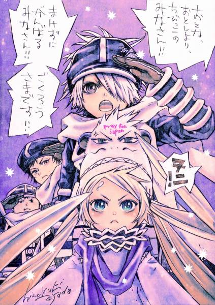 asada_hiroyuki, blonde_hair, connor_kluff, hat, lag_seeing, niche_(tegami_bachi), official_art, prehensile_hair, salute, scarf, signature, steak_(tegami_bachi), teeth, tegami_bachi, text, translation_request, uniform, zazie_(tegami_bachi)