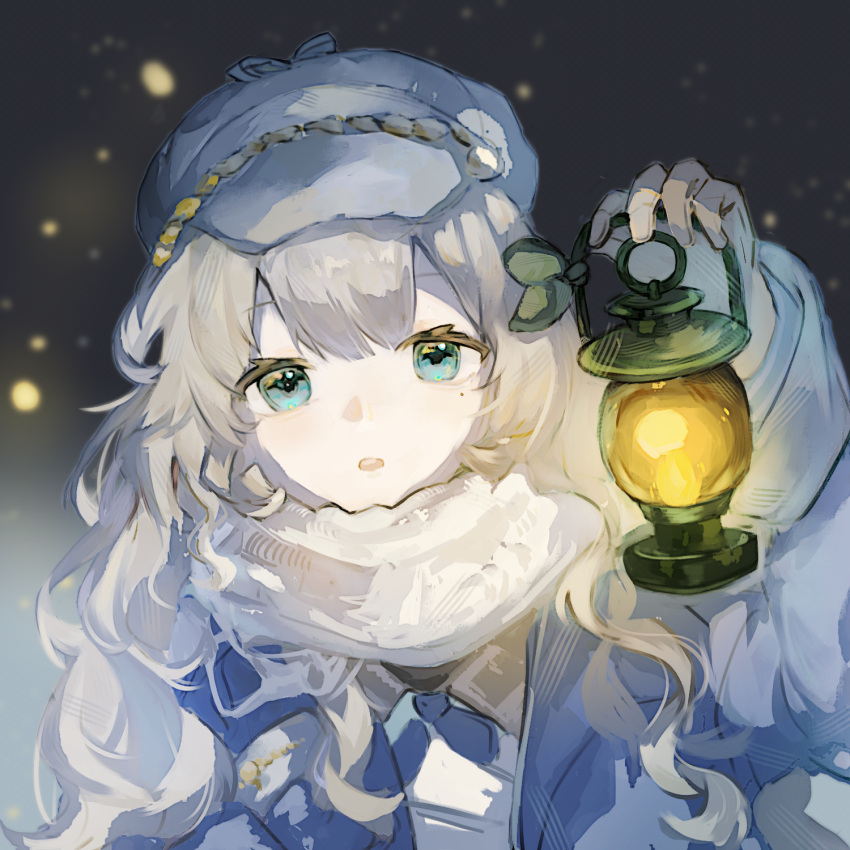 1girl, :o, blue_coat, blue_eyes, blue_neckerchief, brown_hair, chinese_commentary, coat, commentary_request, dark_background, grey_hat, hand_up, hat, highres, holding, holding_lantern, lantern, light_particles, long_hair, looking_at_viewer, marcus_(reverse:1999), mole, mole_under_eye, neckerchief, newsboy_cap, open_mouth, reverse:1999, scarf, solo, suanxing_lan_y, white_scarf