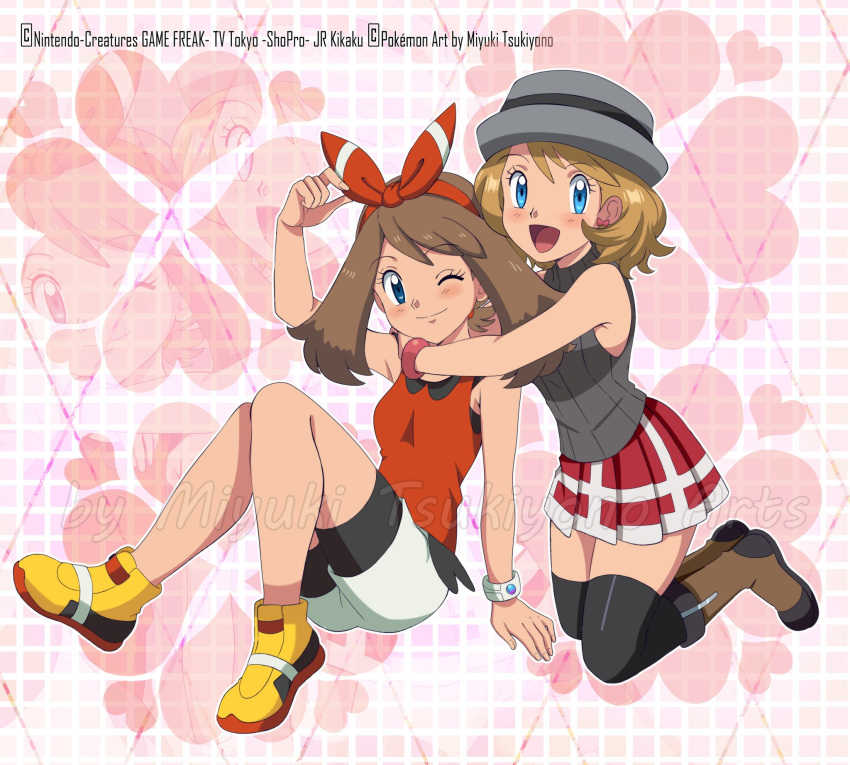 2girls, arm_around_shoulder, bike_shorts, blonde_hair, blue_eyes, boots, brown_hair, english_commentary