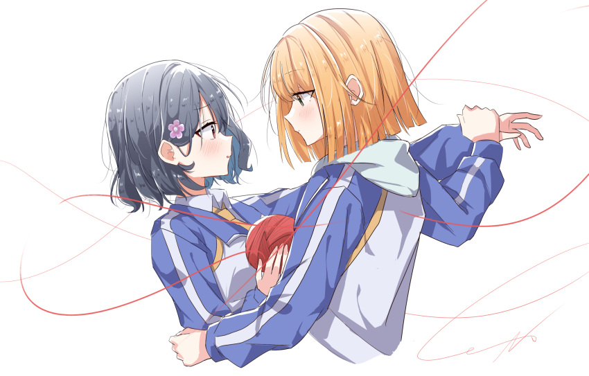 2girls, black_hair, blonde_hair, call_up_girls, chinese_commentary, commentary_request, flower_hairpin, highres, holding_hands, leo-zero, li_zhao_(call_up_girls), long_sleeves, multiple_girls, red_eyes, red_rope, rope, school_uniform, short_hair, ye_xi, yuri