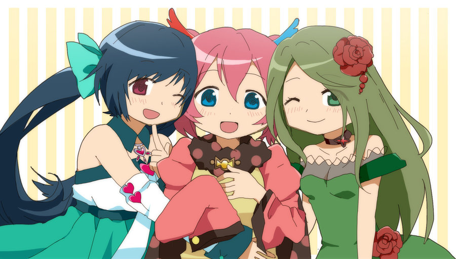 bare_shoulders, black_hair, blue_eyes, blue_hair, bow, charlotte_(madoka_magica), detached_sleeves, dress