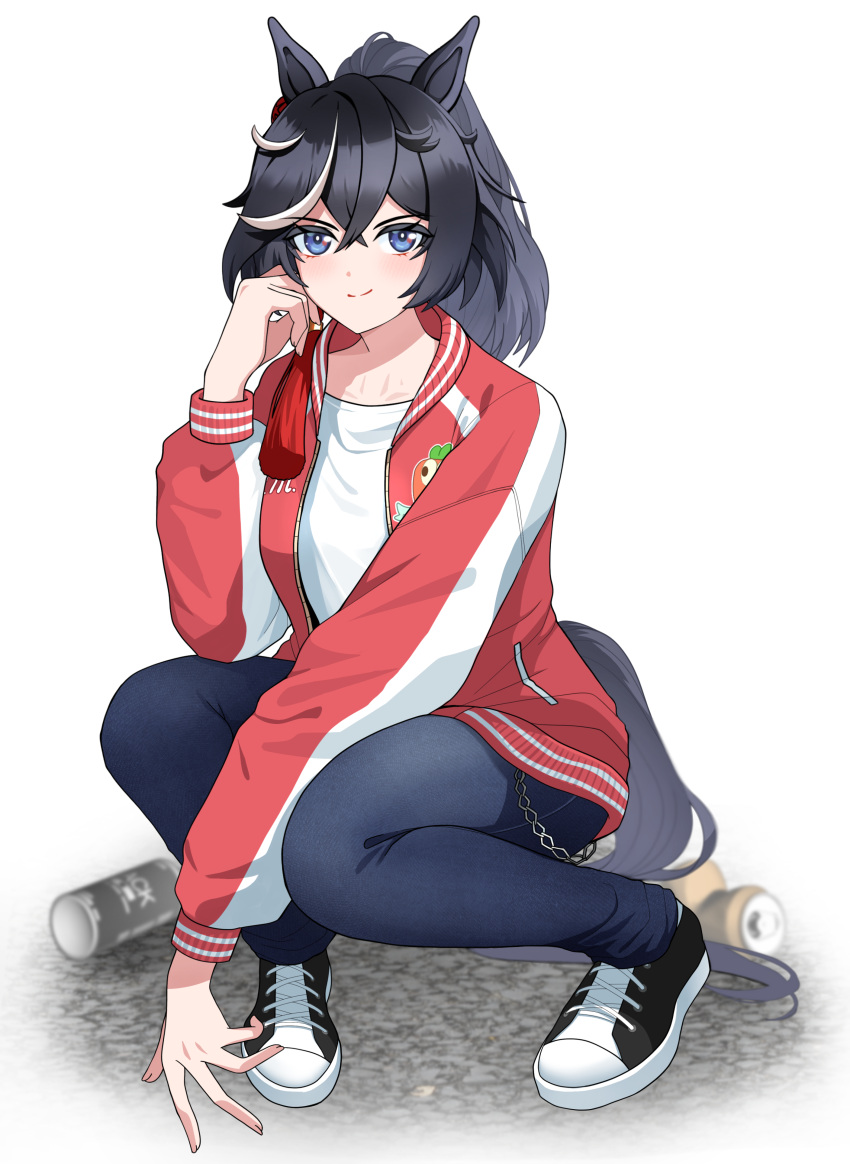 1girl, absurdres, animal_ears, bbreaad, black_hair, blue_eyes, blue_pants, blush