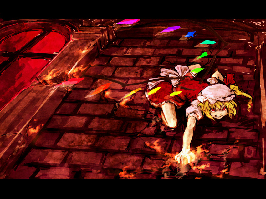 all_fours, ascot, bad_id, bat_wings, blonde_hair, clenched_teeth, crack, fire