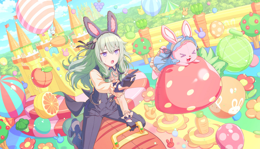 >_<, 1girl, :3, :o, amusement_park, animal-shaped_balloon, animal_ears, apple_tree