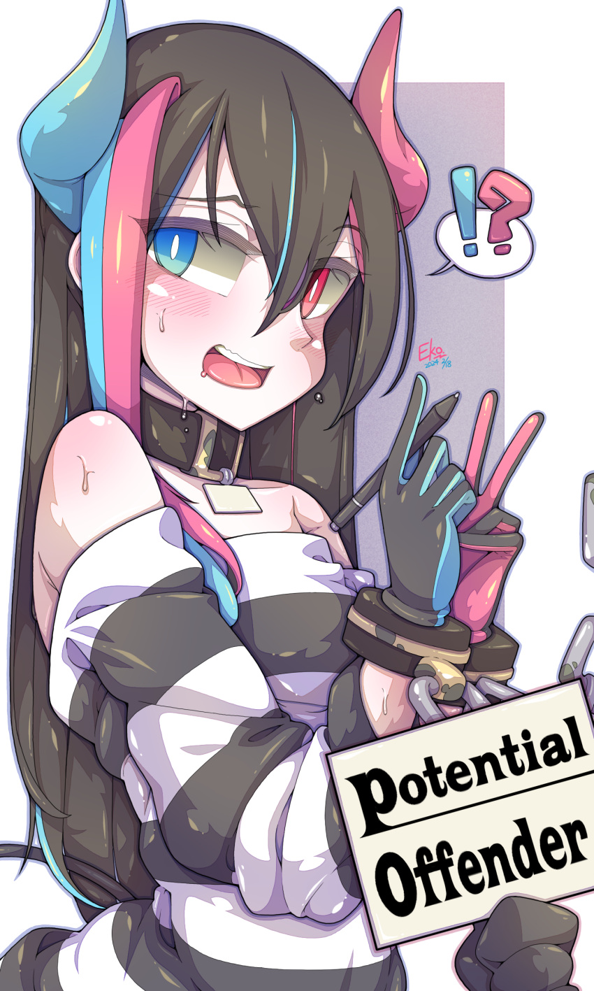 1girl, absurdres, bare_shoulders, collar, commentary, cuffs, eko._(yzcheneko), english_commentary, handcuffs, highres, holding, holding_pencil, horns, light_blush, multicolored_eyes, multicolored_hair, multicolored_horns, original, pencil, striped_clothes, sweat, v, vertical-striped_clothes