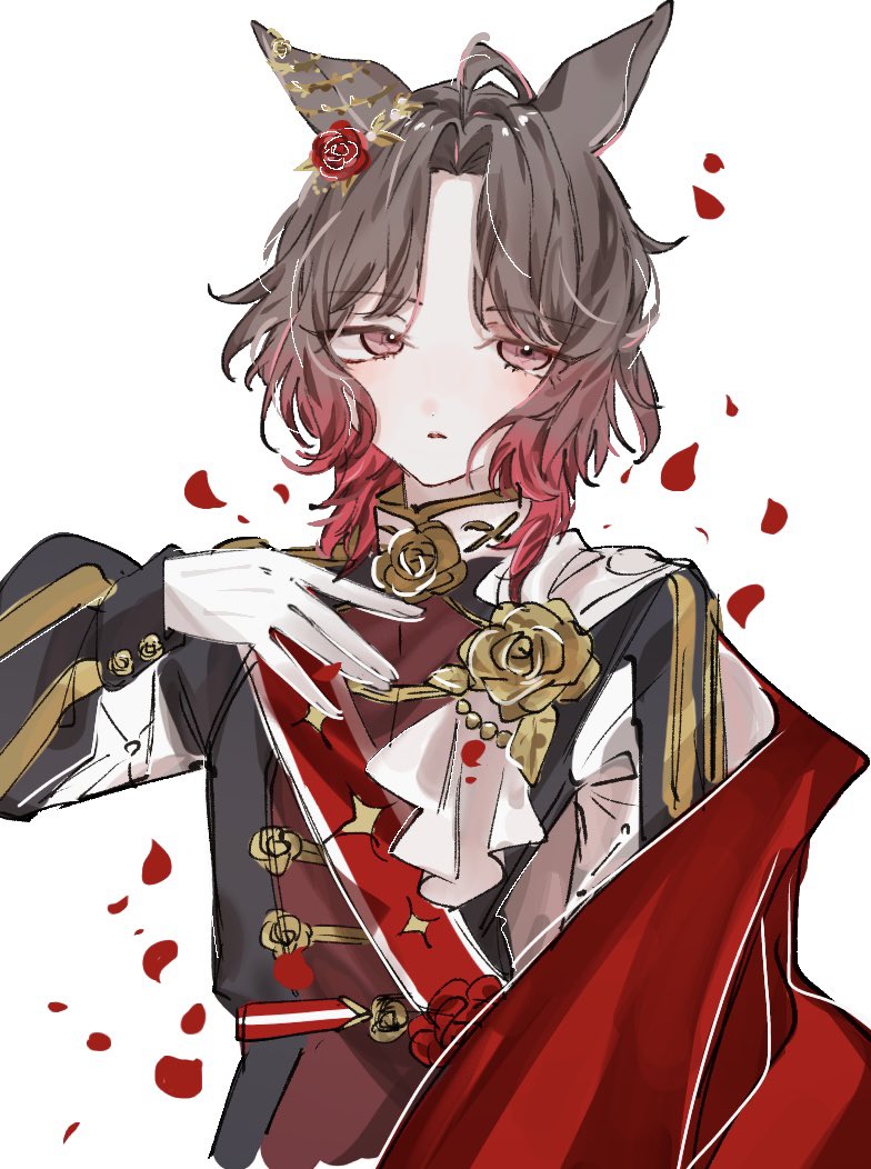 ahoge, animal_ears, blush, brooch, cape, commentary, ear_ornament, epaulettes