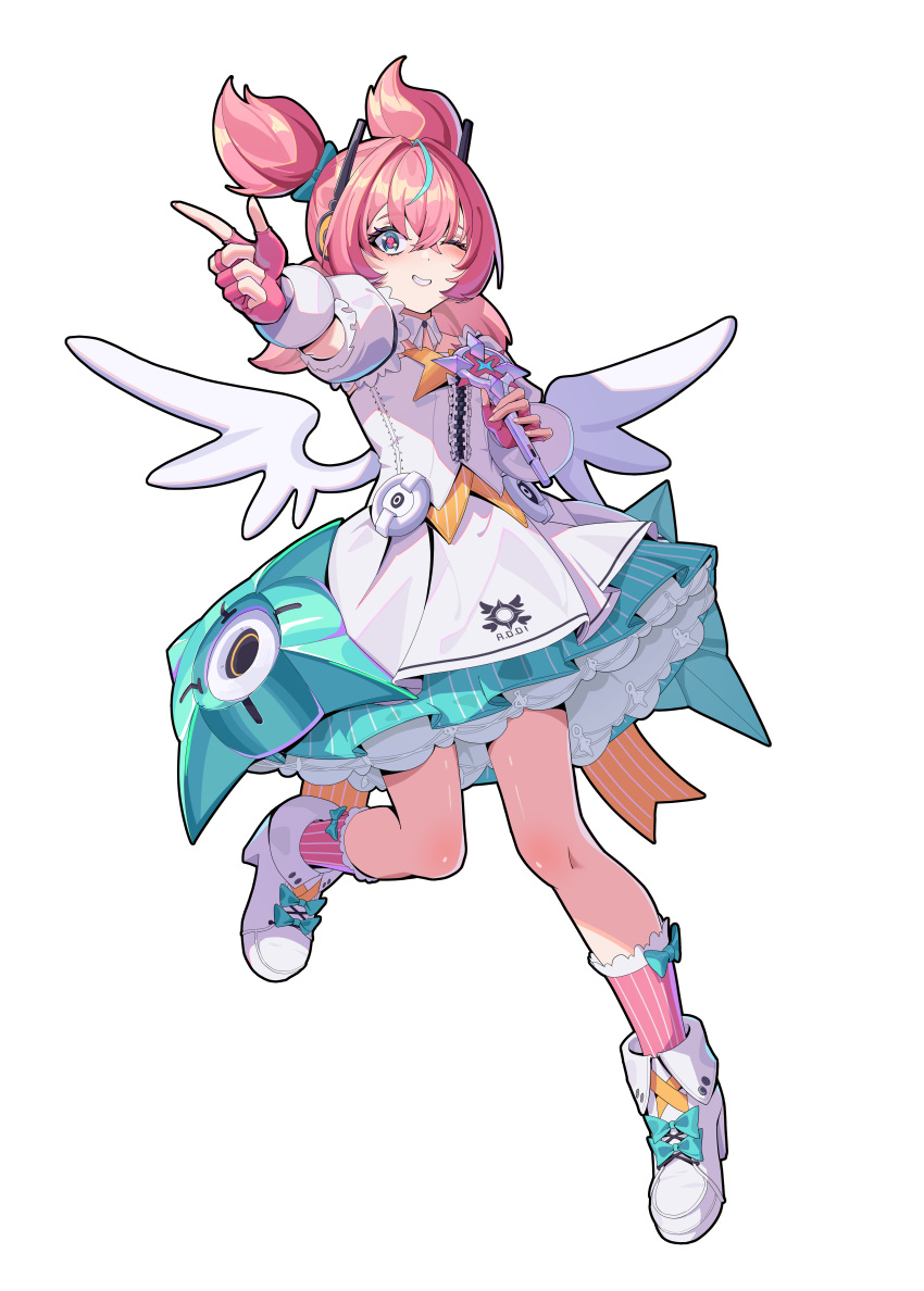 1girl, absurdres, aqua_streaks, aria_(zenless_zone_zero), blue_eyes, boots, center_frills, commentary_request, detached_collar, diver_(765610768), dress, finger_gun, fingerless_gloves, frills, full_body, gloves, hair_intakes, highres, holding, holding_microphone, looking_at_viewer, mechanical_ears, microphone, multicolored_hair, one_eye_closed, pink_gloves, pink_hair, pink_socks, smile, socks, solo, streaked_hair, white_background, white_boots, white_dress, white_wings, wings, zenless_zone_zero