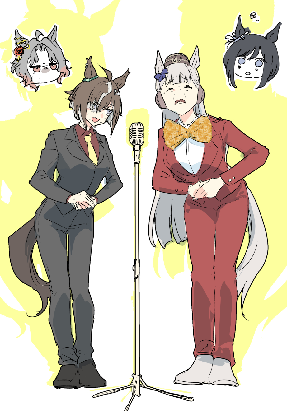 4girls, animal_ears, black_jacket, black_pants, black_shoes, bow, bowtie, brown_hair