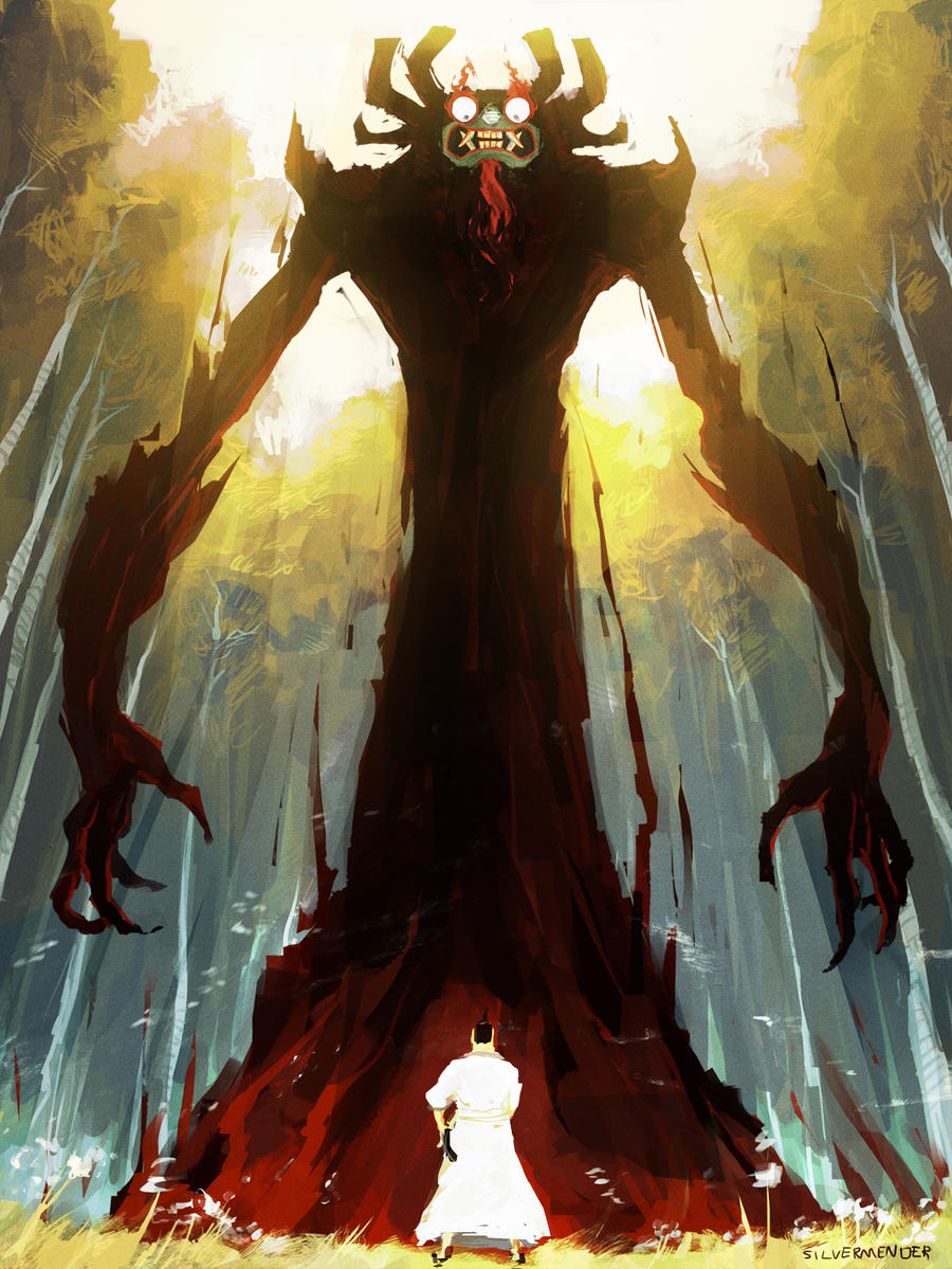 2boys, aku_(samurai_jack), artist_name, confrontation, english_commentary, fangs, forest, full_body