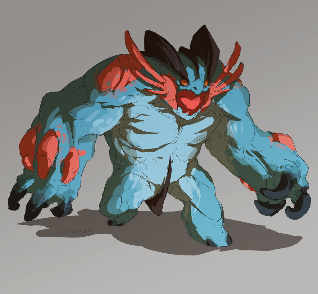 angry, blue_skin, colored_skin, creature, creature_focus, fins, full_body, gabriela_camarillo, grey_background, head_fins, mega_swampert, monster, muscular, open_mouth, orange_eyes, pokemon, pokemon_(creature), pokemon_focus, pokemon_oras, shadow, swampert