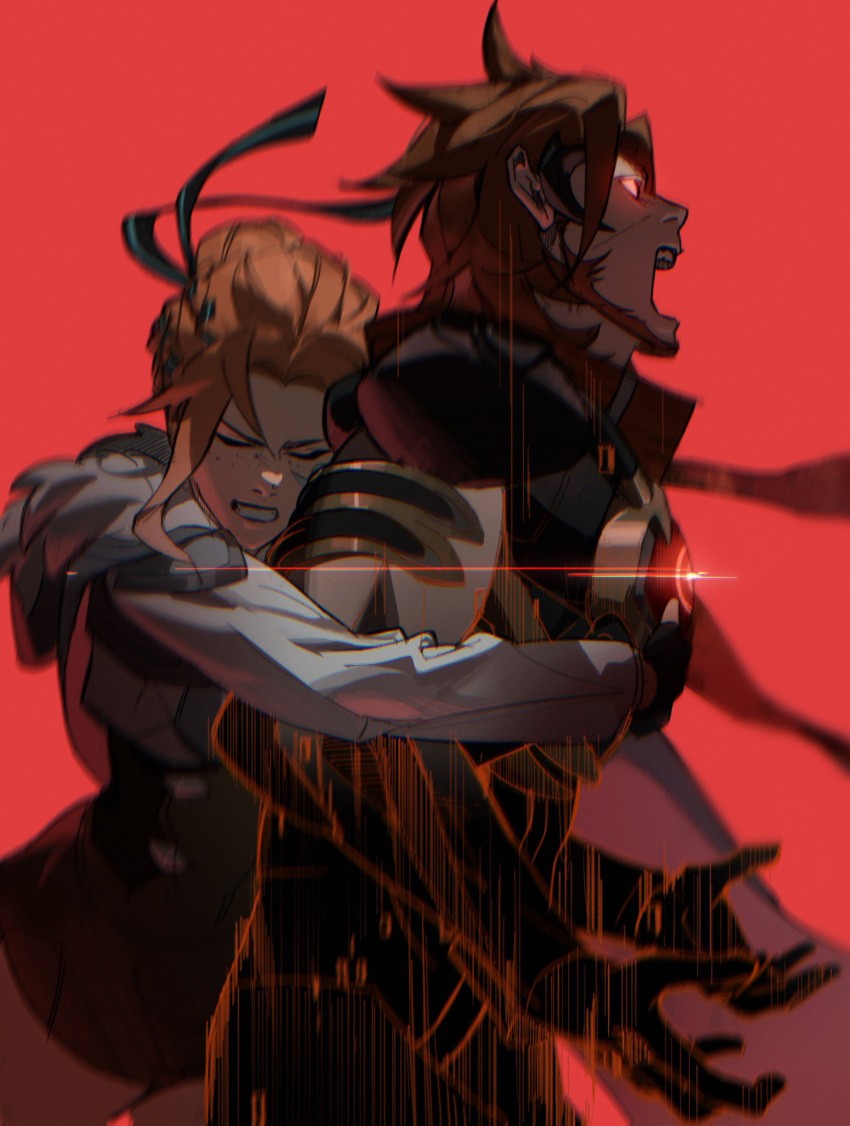 1boy, 1girl, brown_hair, closed_eyes, commentary, dark_persona, emre_(overwatch), freja_(overwatch), glowing, glowing_eye, hair_bun, highres, hug, hug_from_behind, orange_hair, overwatch, red_background, sideburns, single_hair_bun, wasa_(qnfvusgotjqkrna)