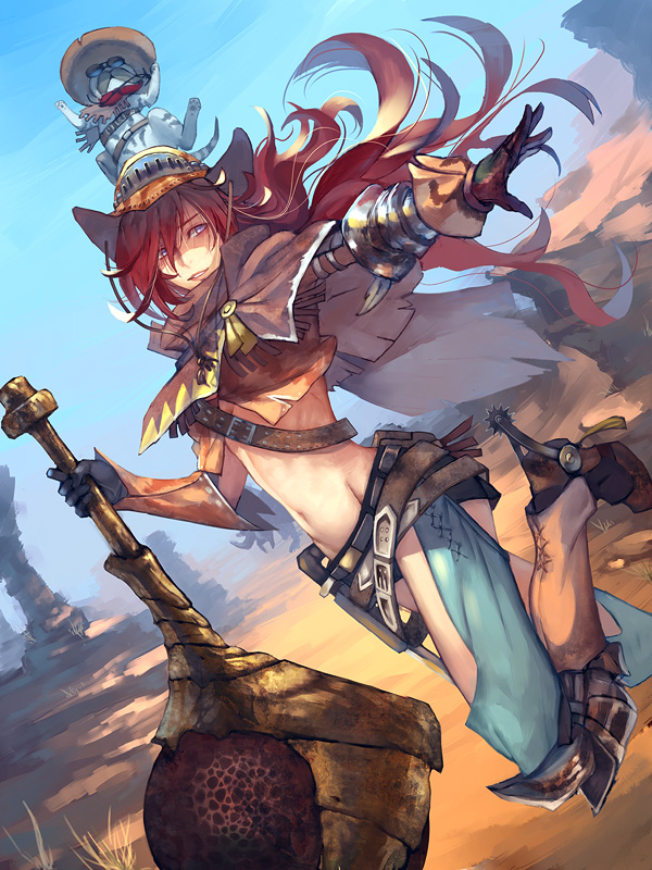 belt, breasts, capcom, chaps, cowboy_hat, cutoffs, desert, face