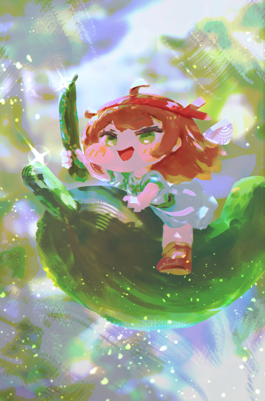 1girl, absurdres, ahoge, blue_shirt, blue_skirt, boots, brown_boots, brown_hair, commentary, cucumber, detached_wings, english_commentary, food, fruit, full_body, green_eyes, hairband, highres, holding, holding_food, holding_fruit, kyuri_(trickcal), open_mouth, puffy_short_sleeves, puffy_sleeves, red_hairband, riding, shirt, short_hair, short_sleeves, skirt, smile, sol3ssus, solo, trickcal, white_wings, wings