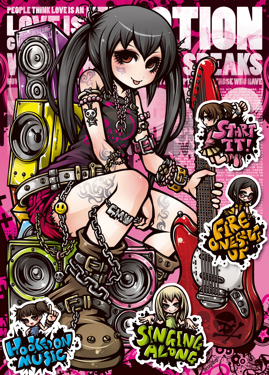 black_hair, blonde_hair, boots, brown_hair, chain, chains, guitar, highres, hirasawa_ui, instrument, k-on!, multiple_girls, nakano_azusa, okuda_(k-on!), okuda_nao, project.c.k., saitou_sumire, suzuki_jun, tattoo, twintails