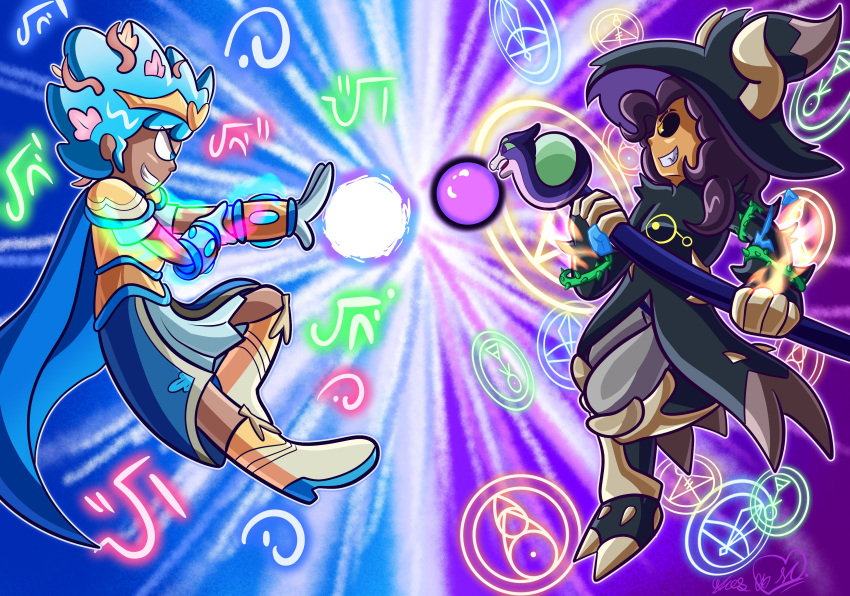 2girls, absurdres, aerial_battle, alternate_form, amphibia, anne_boonchuy, anne_boonchuy_(calamity_form), armor
