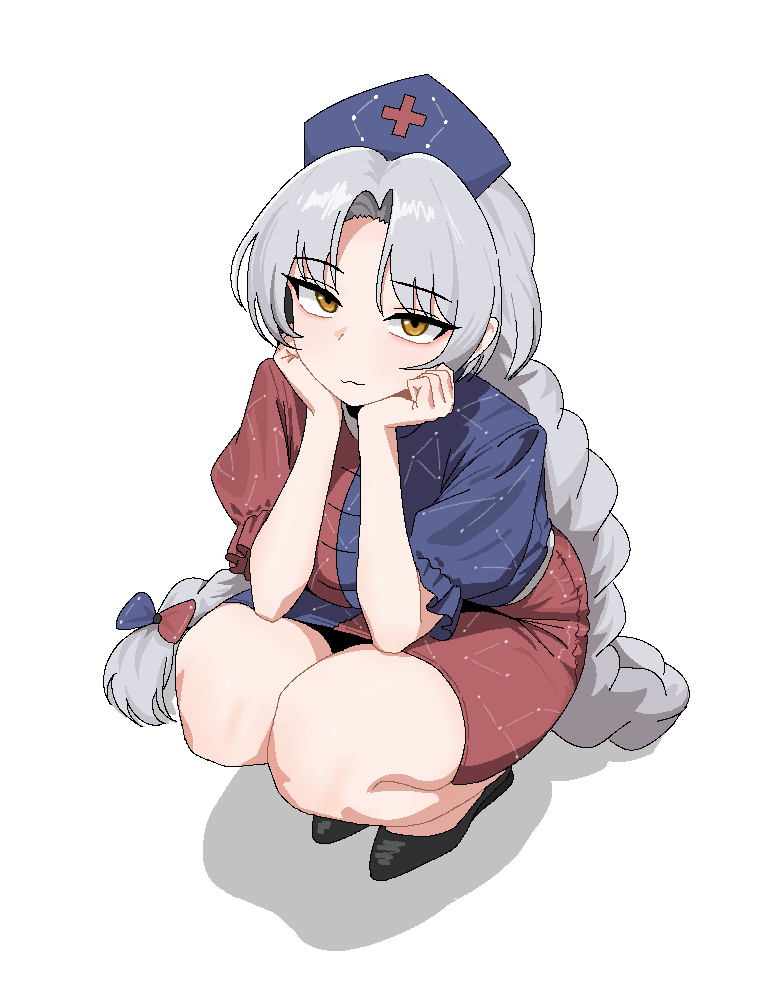1girl, :3, black_shoes, blue_hat, braid, cocktiel77, constellation, constellation_print, cross, dress, full_body, grey_hair, hat, head_rest, long_hair, looking_at_viewer, nurse_cap, red_cross, shoes, solo, squatting, touhou, twin_braids, very_long_hair, yagokoro_eirin, yellow_eyes