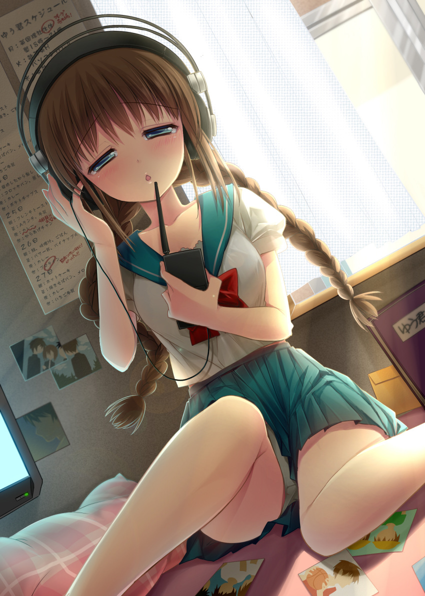 blush, bow, braid, brown_hair, curtains, dutch_angle, female, giuniu