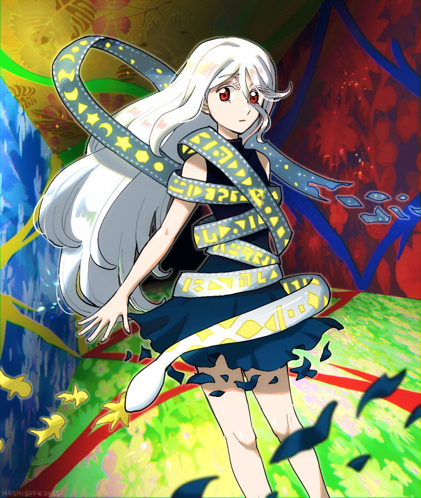 1girl, black_dress, blue_dress, dress, fossilized_wonders, grey_hair, hair_between_eyes, highres