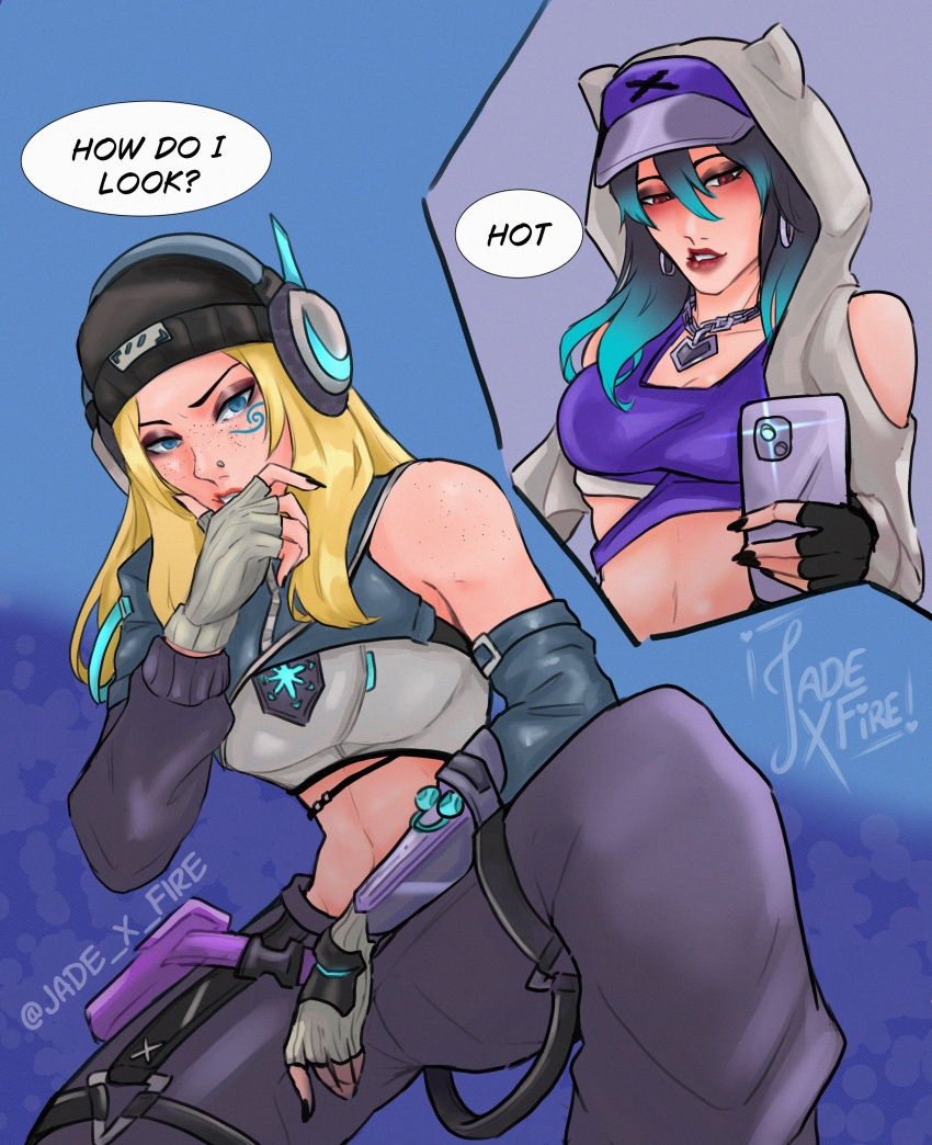 2girls, absurdres, animal_hood, artist_name, ashe_(overwatch), asymmetrical_clothes, baggy_pants, baseball_cap